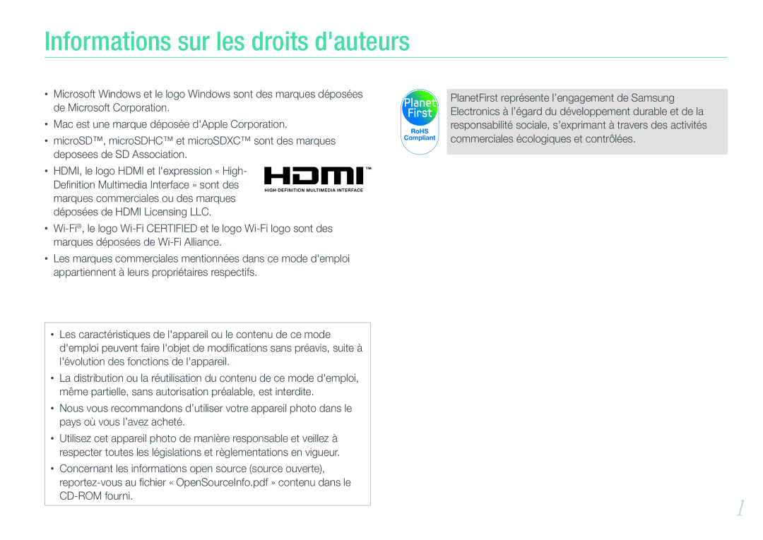 Samsung EV-NX20ZZBSBFR manual Informations sur les droits dauteurs 