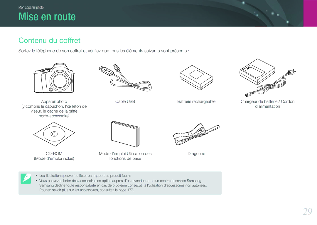 Samsung EV-NX20ZZBSBFR manual Mise en route, Contenu du coffret, Câble USB Batterie rechargeable 