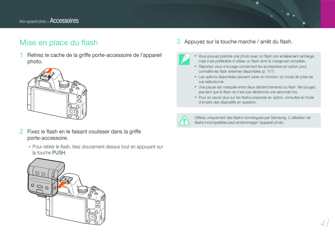 Samsung EV-NX20ZZBSBFR manual Mise en place du ﬂash, Appuyez sur la touche marche / arrêt du ﬂash 