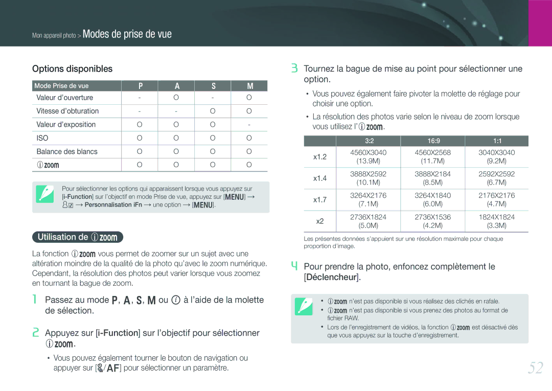 Samsung EV-NX20ZZBSBFR manual Options disponibles, Utilisation de Z 