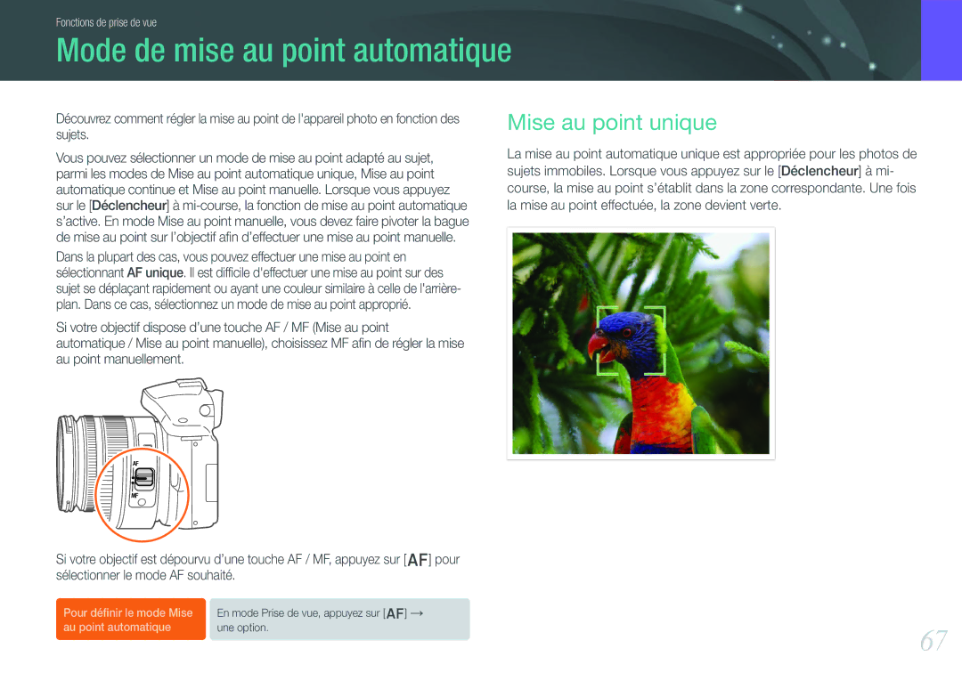 Samsung EV-NX20ZZBSBFR manual Mode de mise au point automatique, Mise au point unique 