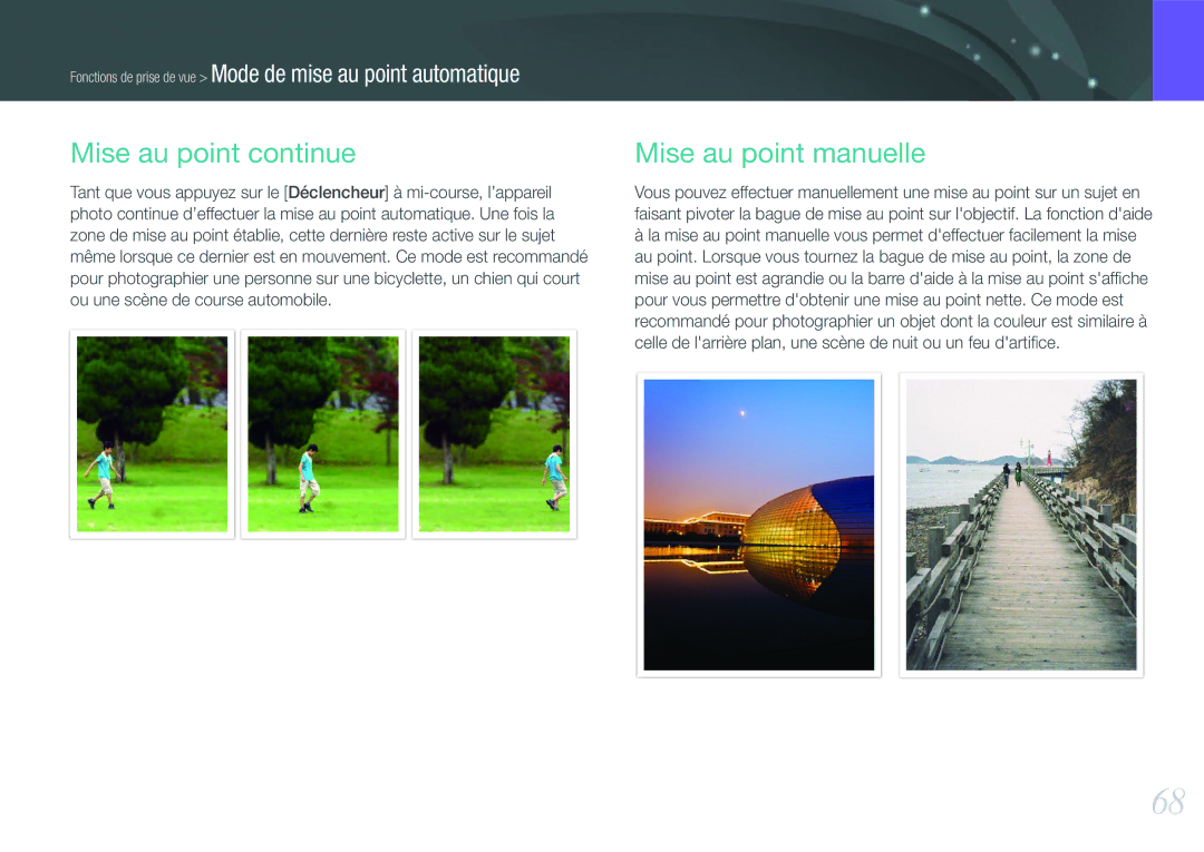 Samsung EV-NX20ZZBSBFR manual Mise au point continue, Mise au point manuelle 