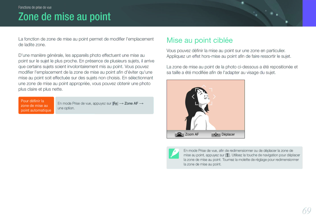 Samsung EV-NX20ZZBSBFR manual Zone de mise au point, Mise au point ciblée 