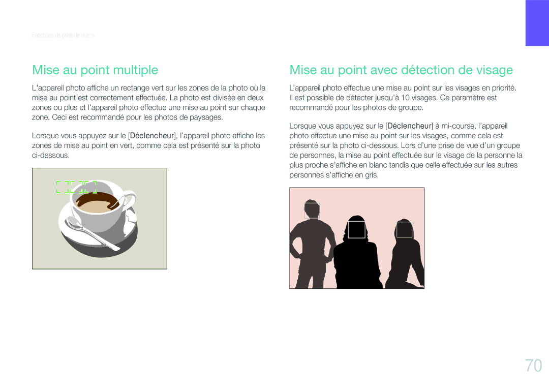 Samsung EV-NX20ZZBSBFR manual Mise au point multiple, Mise au point avec détection de visage 