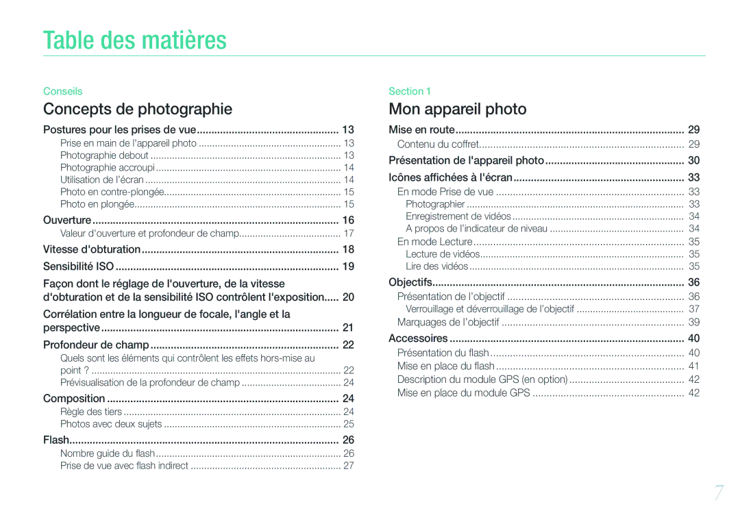 Samsung EV-NX20ZZBSBFR manual Table des matières, Postures pour les prises de vue, Vitesse dobturation 