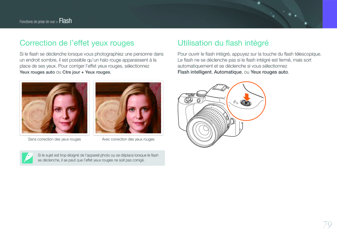 Samsung EV-NX20ZZBSBFR manual Correction de l’effet yeux rouges, Utilisation du ﬂash intégré 