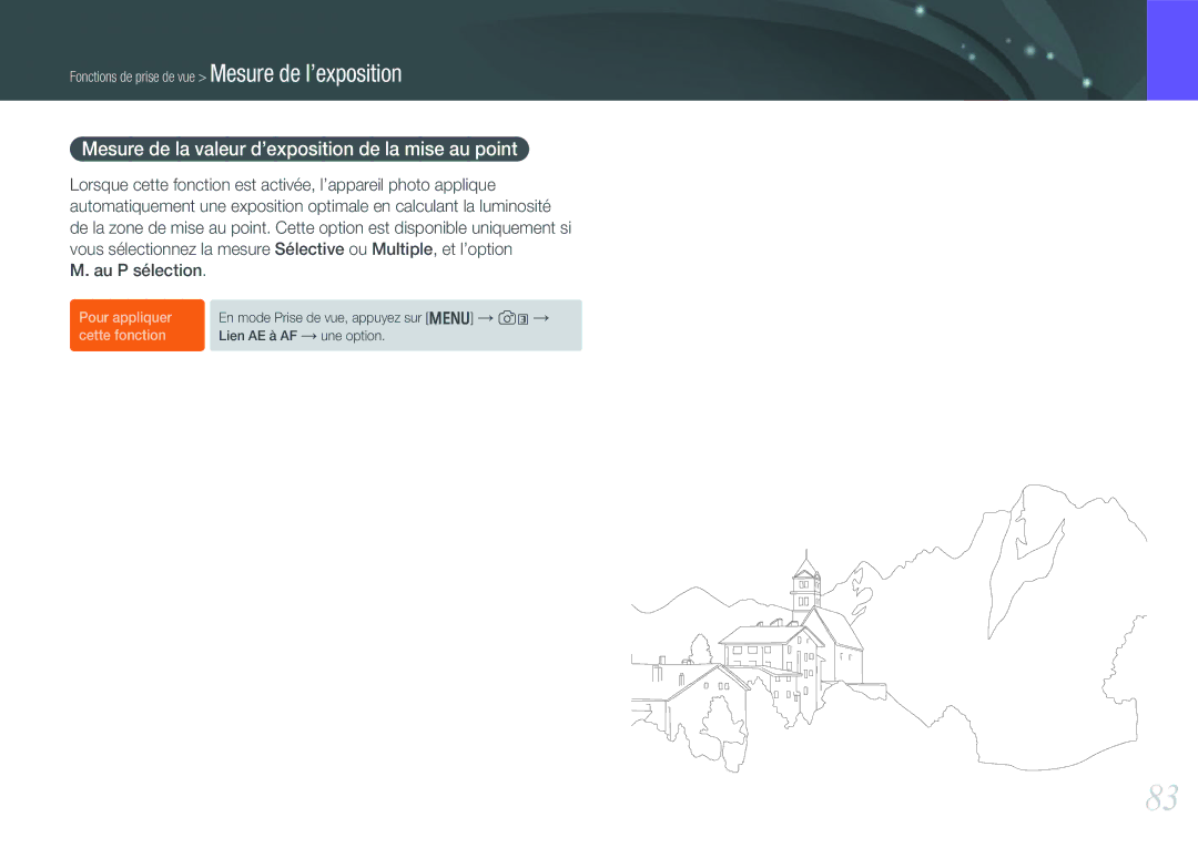 Samsung EV-NX20ZZBSBFR manual Mesure de la valeur d’exposition de la mise au point, Au P sélection 
