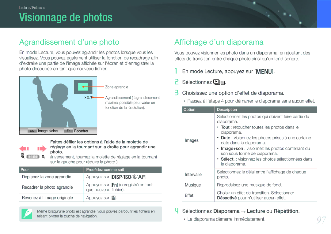 Samsung EV-NX20ZZBSBFR manual Visionnage de photos, Agrandissement d’une photo, Afﬁchage d’un diaporama 