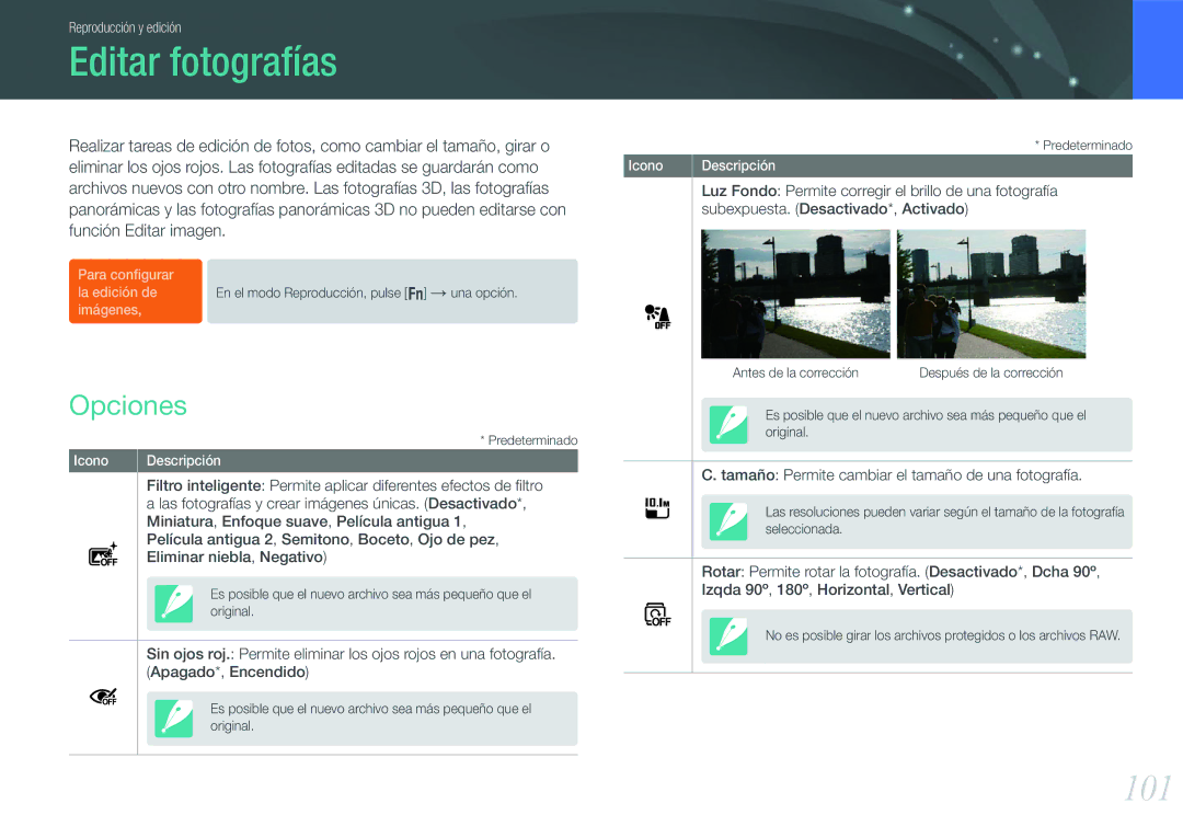 Samsung EV-NX20ZZBSBIL, EV-NX20ZZBSBES manual Editar fotografías, 101, Opciones, Función Editar imagen 