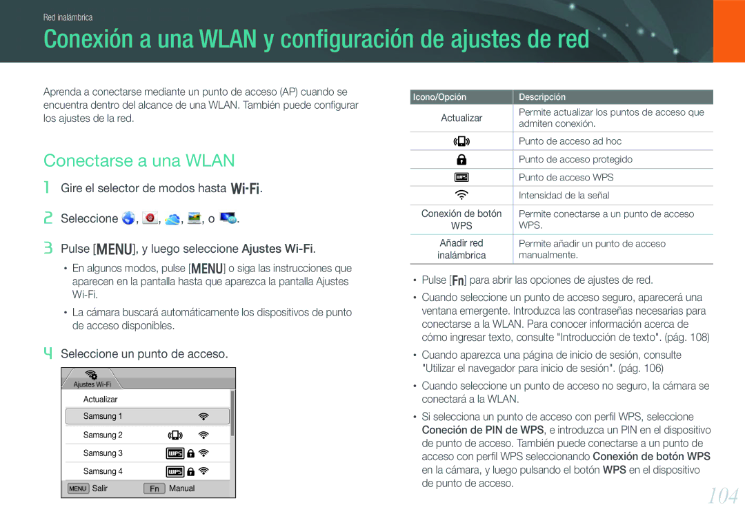 Samsung EV-NX20ZZBSBES, EV-NX20ZZBSBIL Conexión a una Wlan y conﬁguración de ajustes de red, 104, Conectarse a una Wlan 