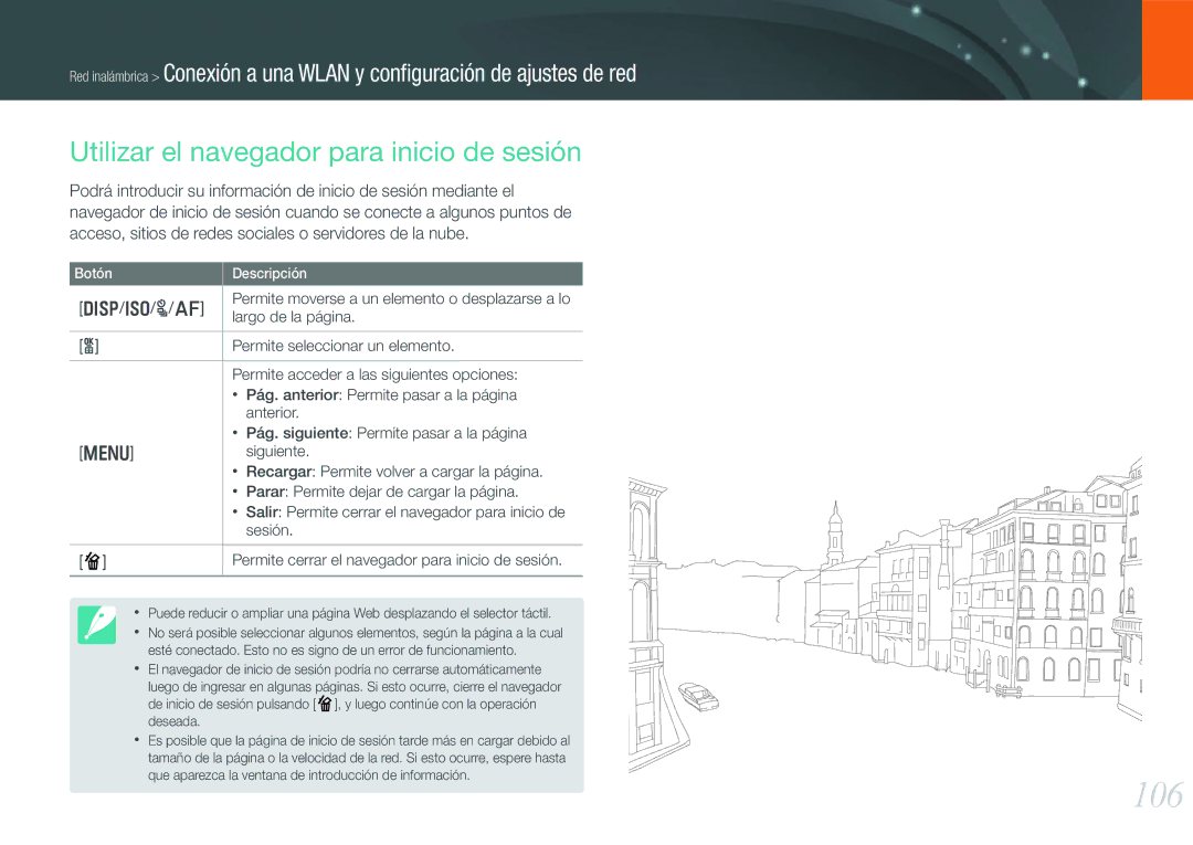 Samsung EV-NX20ZZBSBES, EV-NX20ZZBSBIL manual 106, Utilizar el navegador para inicio de sesión, C/F, Largo de la página 