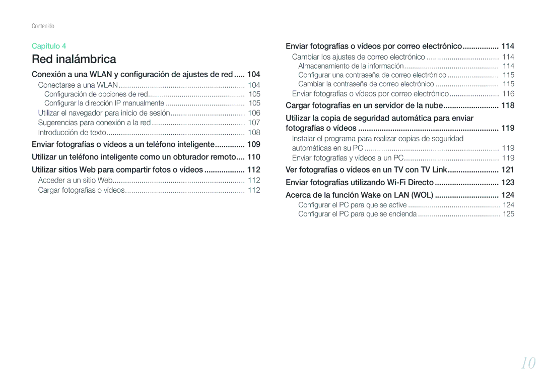 Samsung EV-NX20ZZBSBES, EV-NX20ZZBSBIL manual Conexión a una Wlan y conﬁguración de ajustes de red, 104, 106, 107, 108, 112 