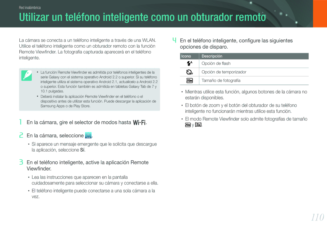 Samsung EV-NX20ZZBSBES, EV-NX20ZZBSBIL manual Utilizar un teléfono inteligente como un obturador remoto, 110 