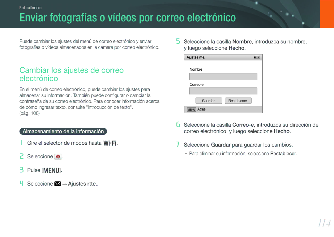 Samsung EV-NX20ZZBSBES Enviar fotografías o vídeos por correo electrónico, 114, Cambiar los ajustes de correo electrónico 