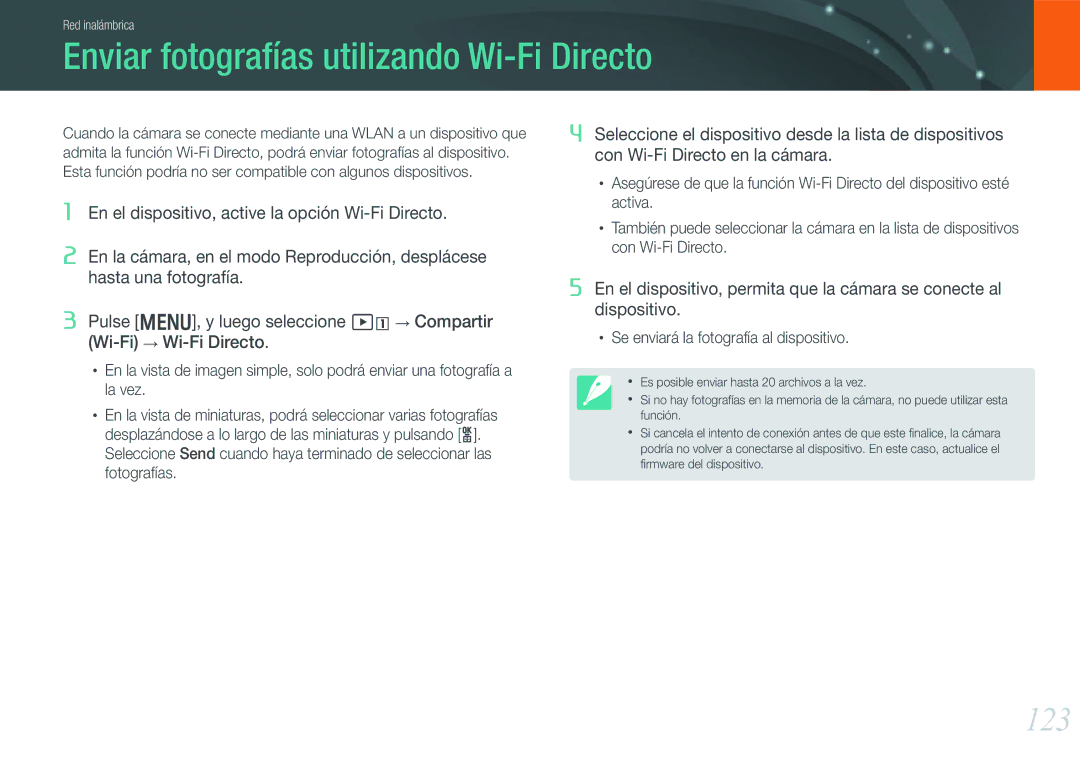 Samsung EV-NX20ZZBSBIL, EV-NX20ZZBSBES manual Enviar fotografías utilizando Wi-Fi Directo, 123 