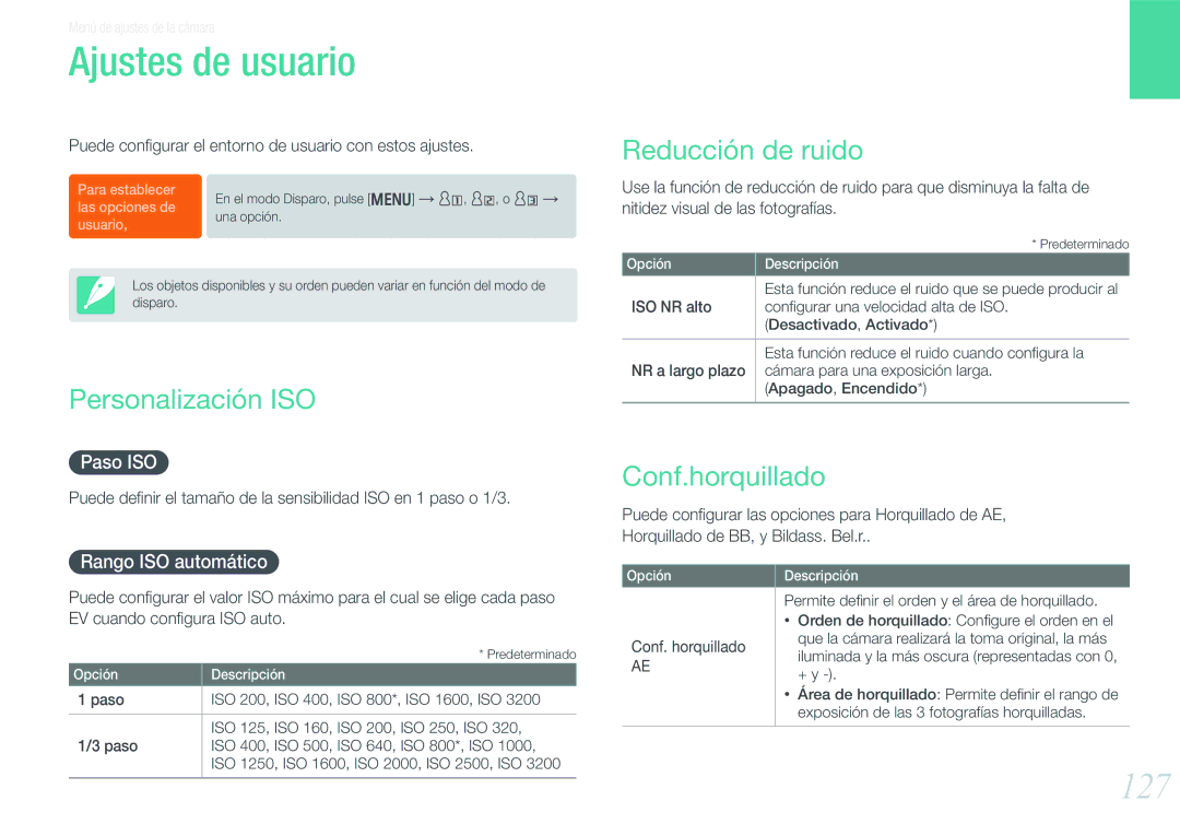 Samsung EV-NX20ZZBSBIL, EV-NX20ZZBSBES Ajustes de usuario, 127, Personalización ISO, Reducción de ruido, Conf.horquillado 
