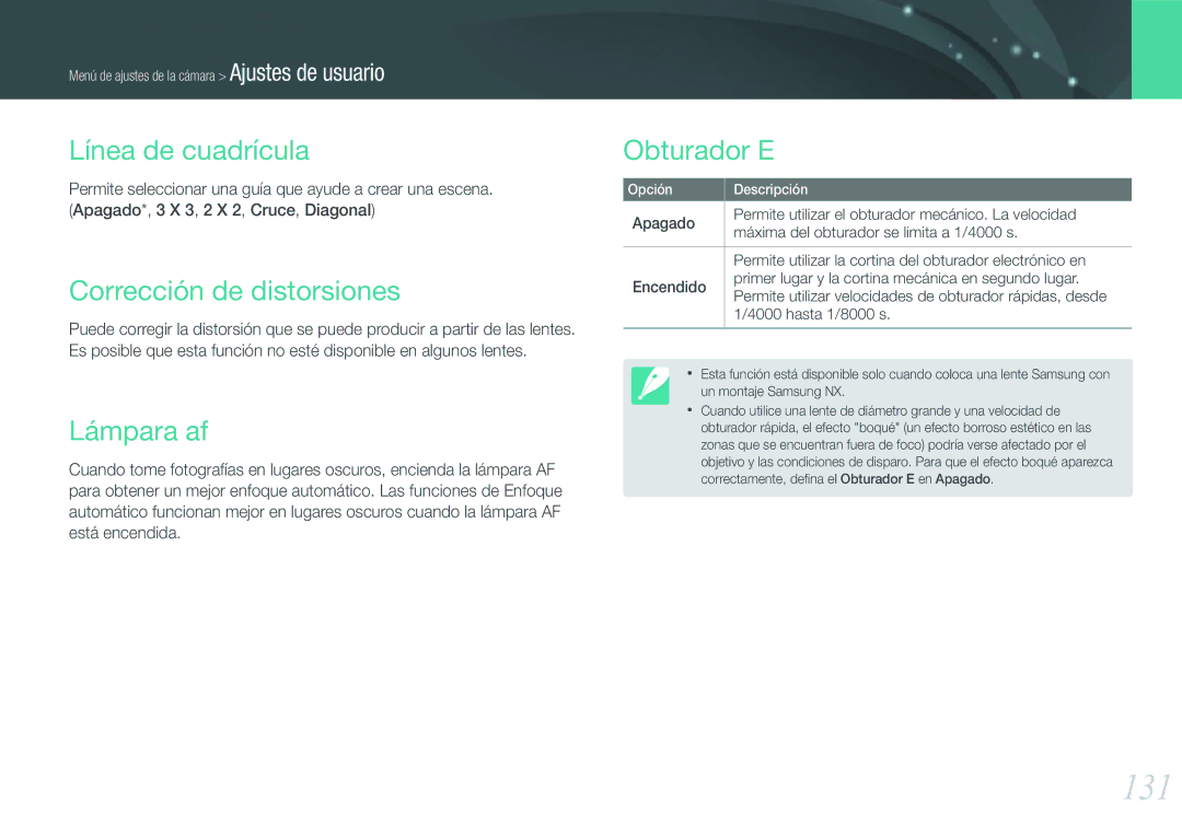 Samsung EV-NX20ZZBSBIL, EV-NX20ZZBSBES manual 131, Línea de cuadrícula, Corrección de distorsiones, Lámpara af, Obturador E 