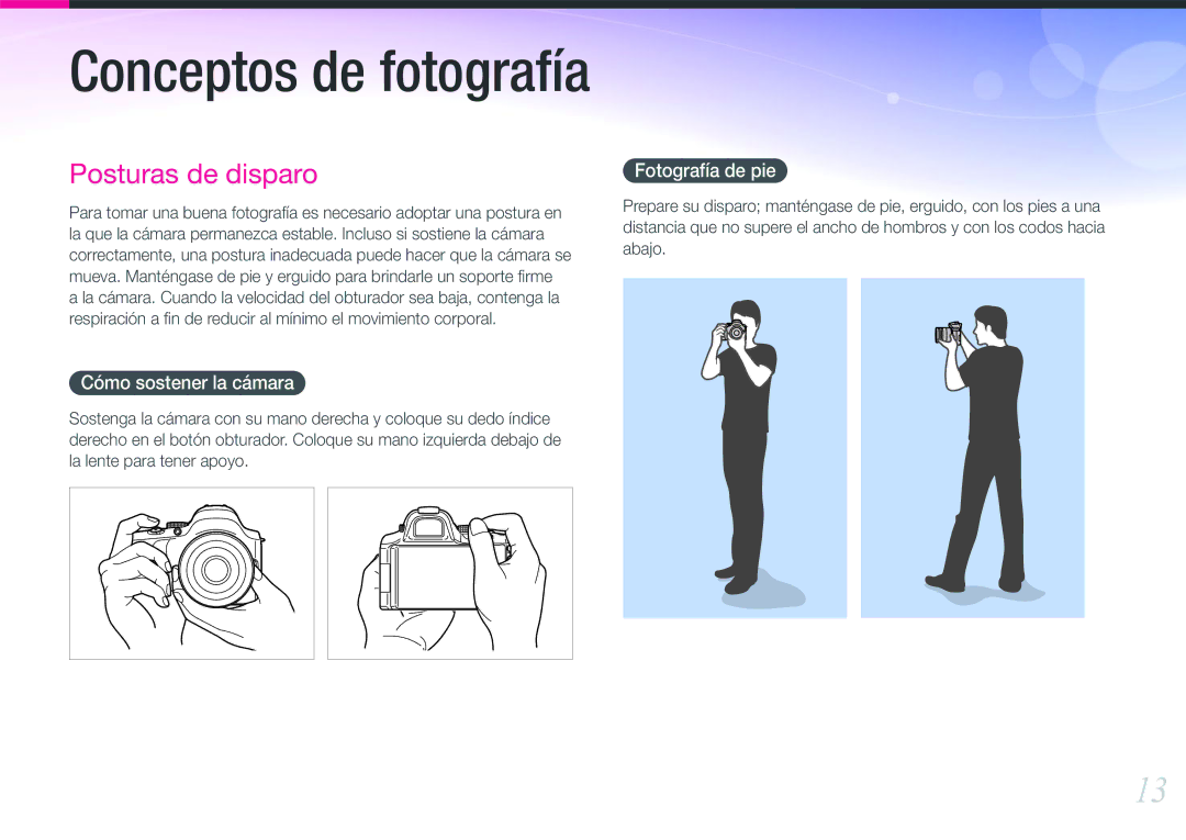 Samsung EV-NX20ZZBSBIL, EV-NX20ZZBSBES manual Cómo sostener la cámara, Fotografía de pie 