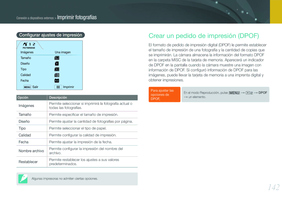 Samsung EV-NX20ZZBSBES manual 142, Crear un pedido de impresión Dpof, Conﬁgurar ajustes de impresión, Todas las fotografías 