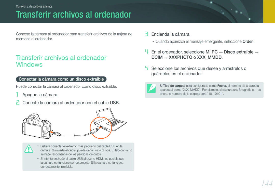 Samsung EV-NX20ZZBSBES manual 144, Transferir archivos al ordenador Windows, Conectar la cámara como un disco extraíble 