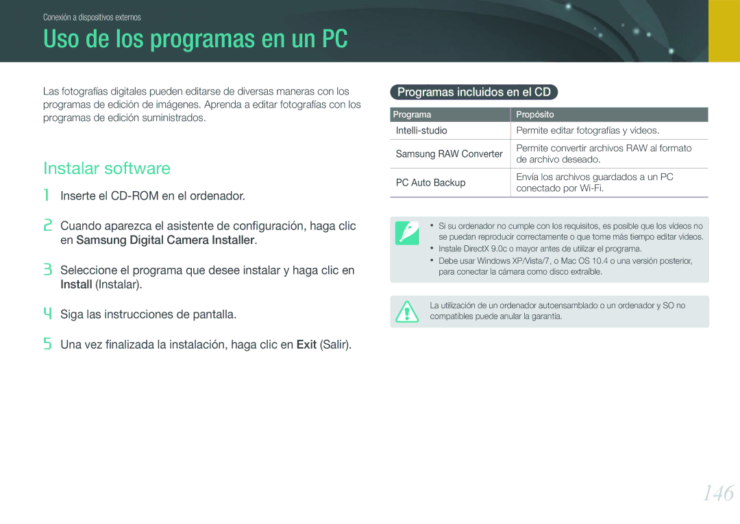 Samsung EV-NX20ZZBSBES, EV-NX20ZZBSBIL manual 146, Instalar software, Programas incluidos en el CD 