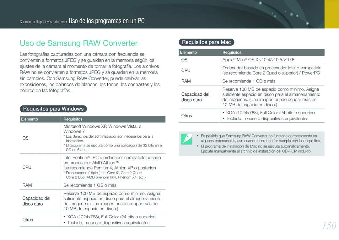 Samsung EV-NX20ZZBSBES, EV-NX20ZZBSBIL 150, Uso de Samsung RAW Converter, Requisitos para Windows, Requisitos para Mac 