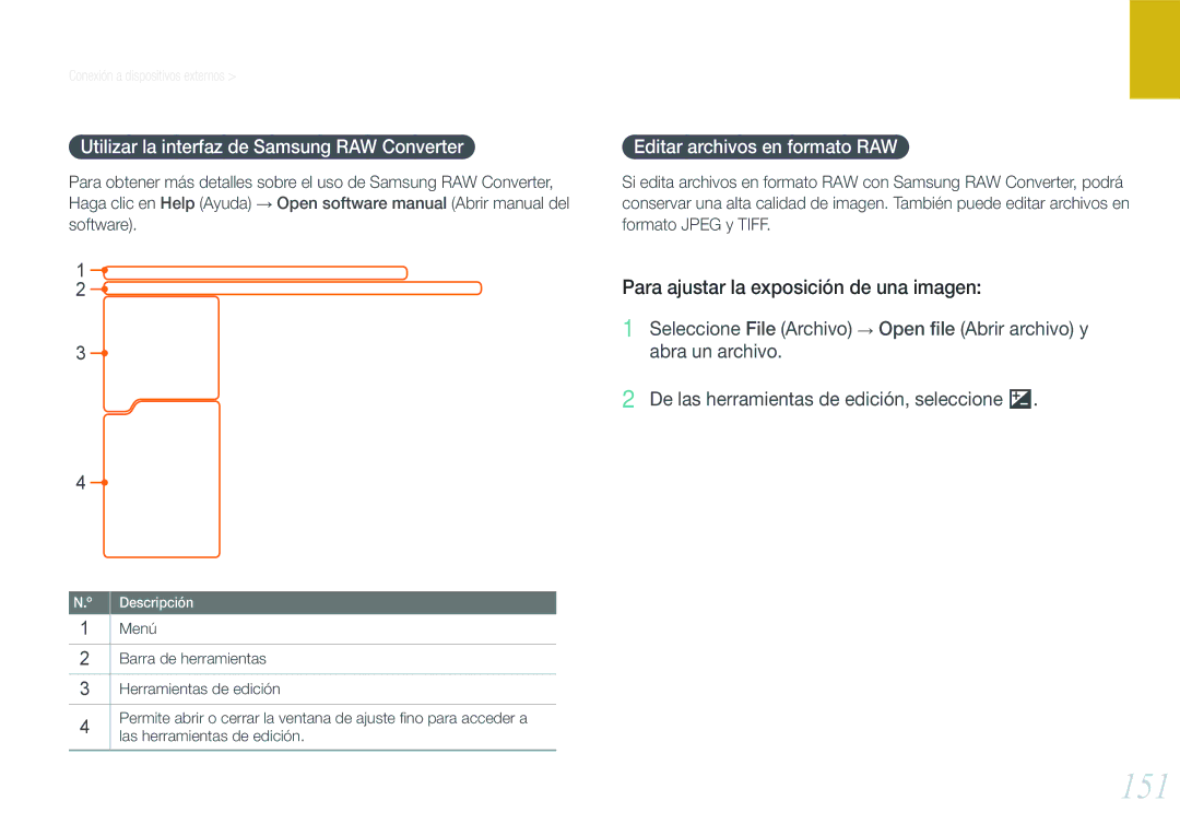 Samsung EV-NX20ZZBSBIL, EV-NX20ZZBSBES manual 151, Para ajustar la exposición de una imagen, Software Formato Jpeg y Tiff 