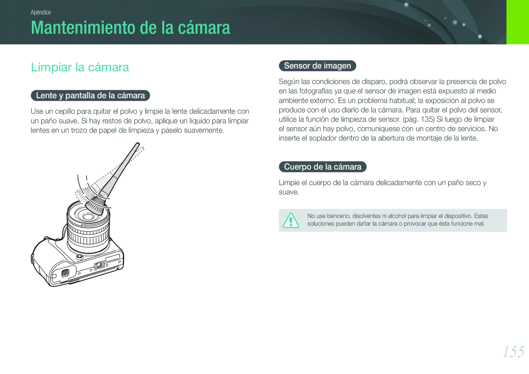 Samsung EV-NX20ZZBSBIL, EV-NX20ZZBSBES manual Mantenimiento de la cámara, 155, Limpiar la cámara 