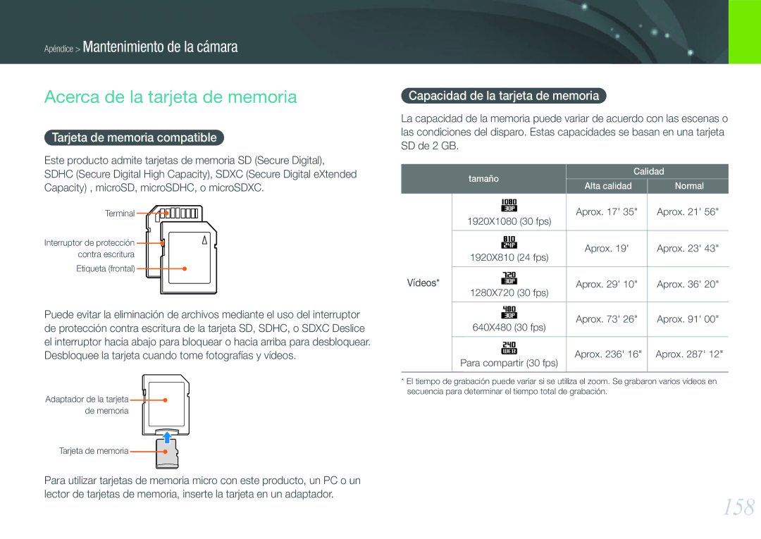 Samsung EV-NX20ZZBSBES, EV-NX20ZZBSBIL manual 158, Acerca de la tarjeta de memoria, Tarjeta de memoria compatible 