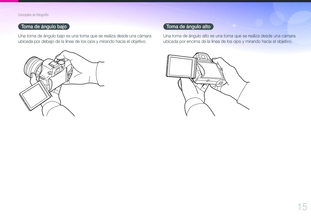 Samsung EV-NX20ZZBSBIL, EV-NX20ZZBSBES manual Toma de ángulo bajo, Toma de ángulo alto 