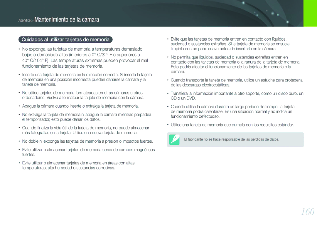 Samsung EV-NX20ZZBSBES, EV-NX20ZZBSBIL manual 160, Cuidados al utilizar tarjetas de memoria 