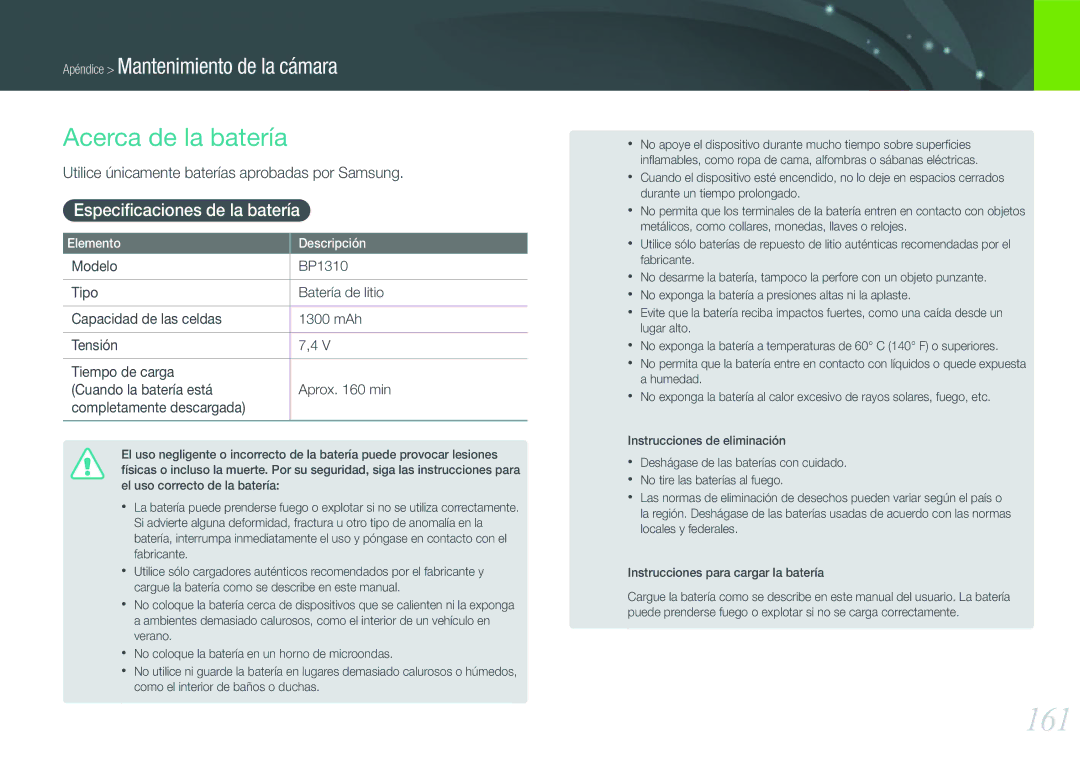 Samsung EV-NX20ZZBSBIL, EV-NX20ZZBSBES manual 161, Acerca de la batería, Especiﬁcaciones de la batería 