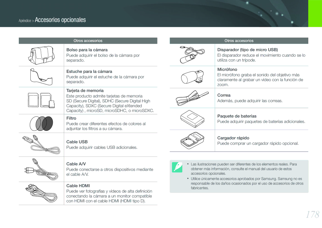 Samsung EV-NX20ZZBSBES, EV-NX20ZZBSBIL manual 178, Apéndice Accesorios opcionales 