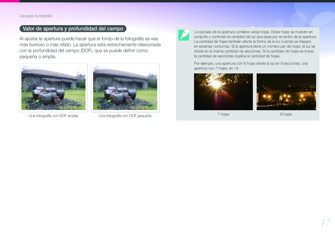 Samsung EV-NX20ZZBSBIL, EV-NX20ZZBSBES manual Valor de apertura y profundidad del campo 