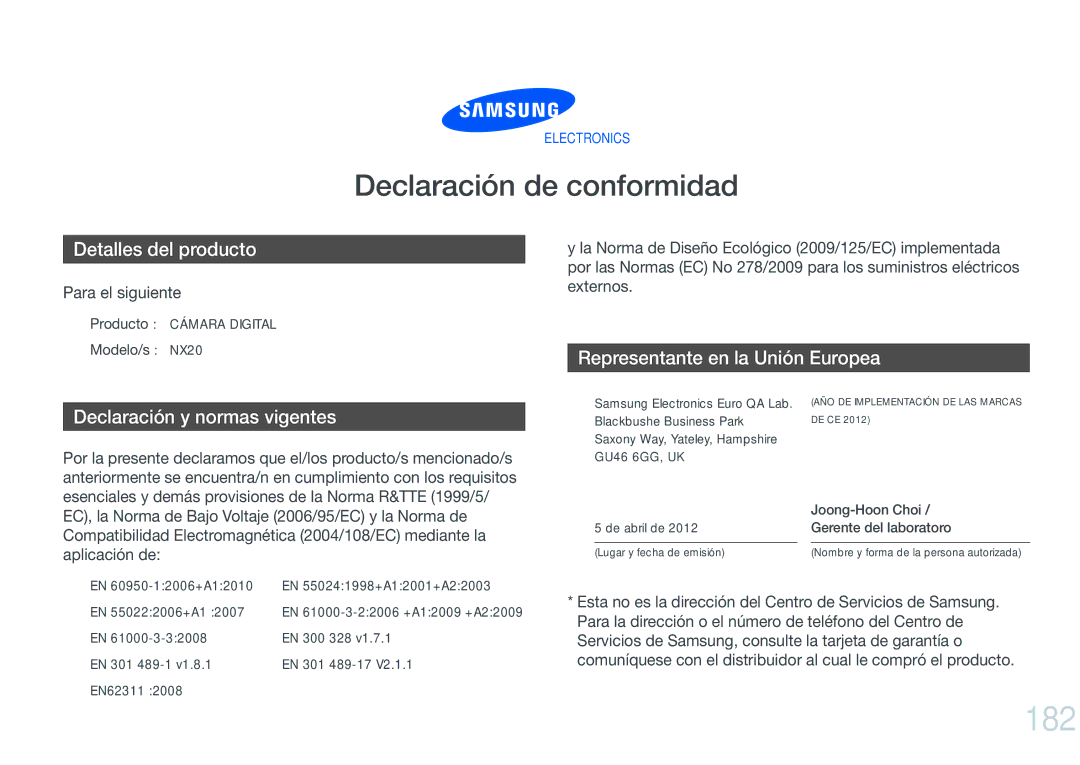 Samsung EV-NX20ZZBSBES manual 182, Producto Cámara Digital Modelo/s NX20, EN 300 328, EN 301 489-1 EN 301 489-17 EN62311 