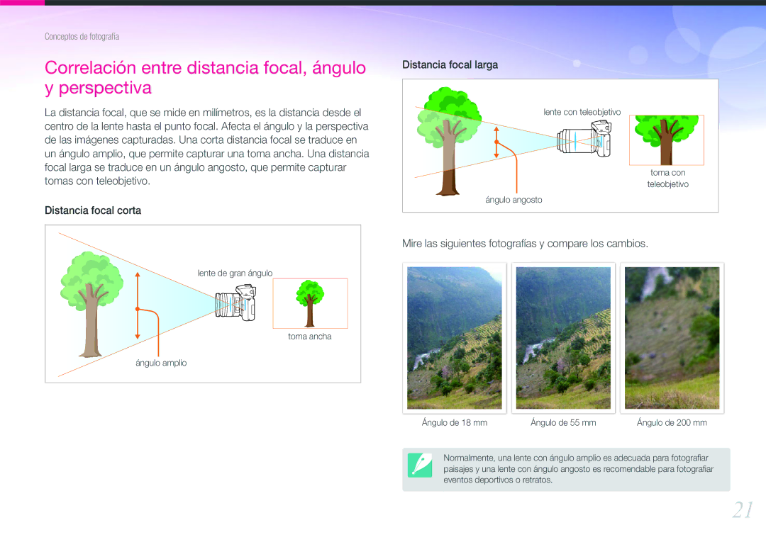 Samsung EV-NX20ZZBSBIL, EV-NX20ZZBSBES manual Correlación entre distancia focal, ángulo y perspectiva 