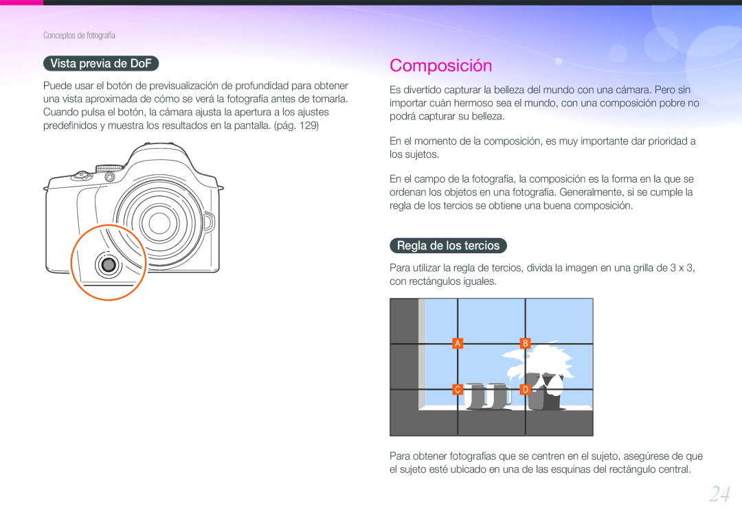 Samsung EV-NX20ZZBSBES, EV-NX20ZZBSBIL manual Vista previa de DoF, Regla de los tercios 