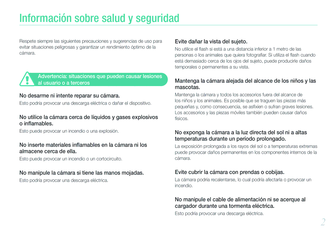 Samsung EV-NX20ZZBSBES, EV-NX20ZZBSBIL manual Información sobre salud y seguridad, No desarme ni intente reparar su cámara 