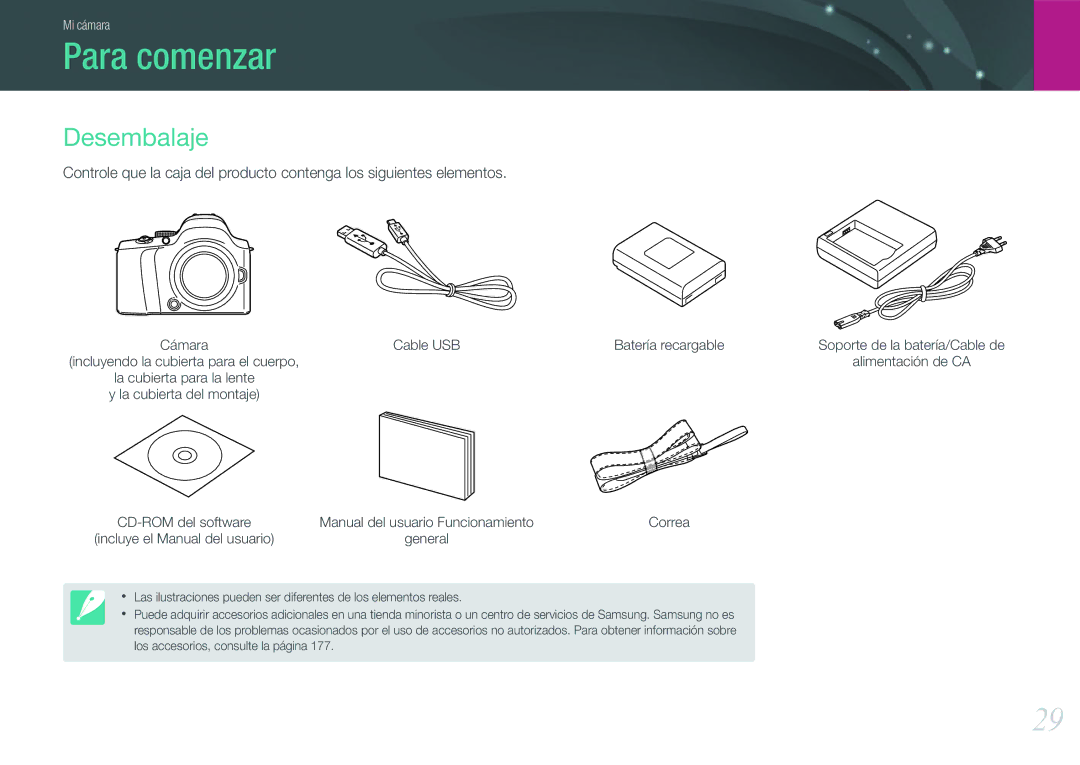 Samsung EV-NX20ZZBSBIL, EV-NX20ZZBSBES manual Para comenzar, Desembalaje, Cable USB Batería recargable 