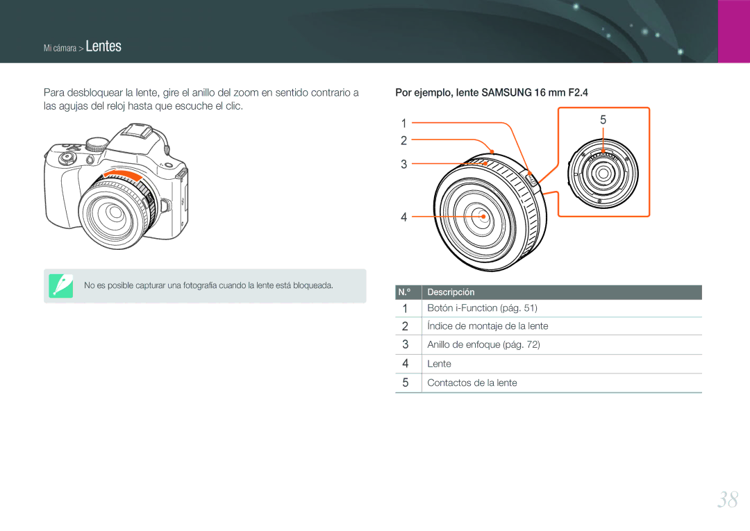 Samsung EV-NX20ZZBSBES, EV-NX20ZZBSBIL manual Por ejemplo, lente Samsung 16 mm F2.4 