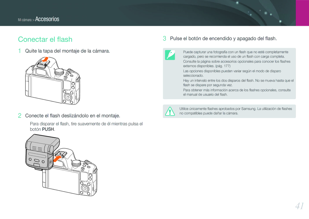 Samsung EV-NX20ZZBSBIL, EV-NX20ZZBSBES manual Conectar el ﬂash, Pulse el botón de encendido y apagado del ﬂash 