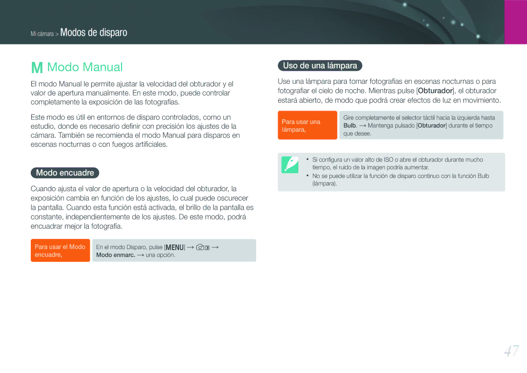Samsung EV-NX20ZZBSBIL, EV-NX20ZZBSBES manual Modo Manual, Modo encuadre, Uso de una lámpara 