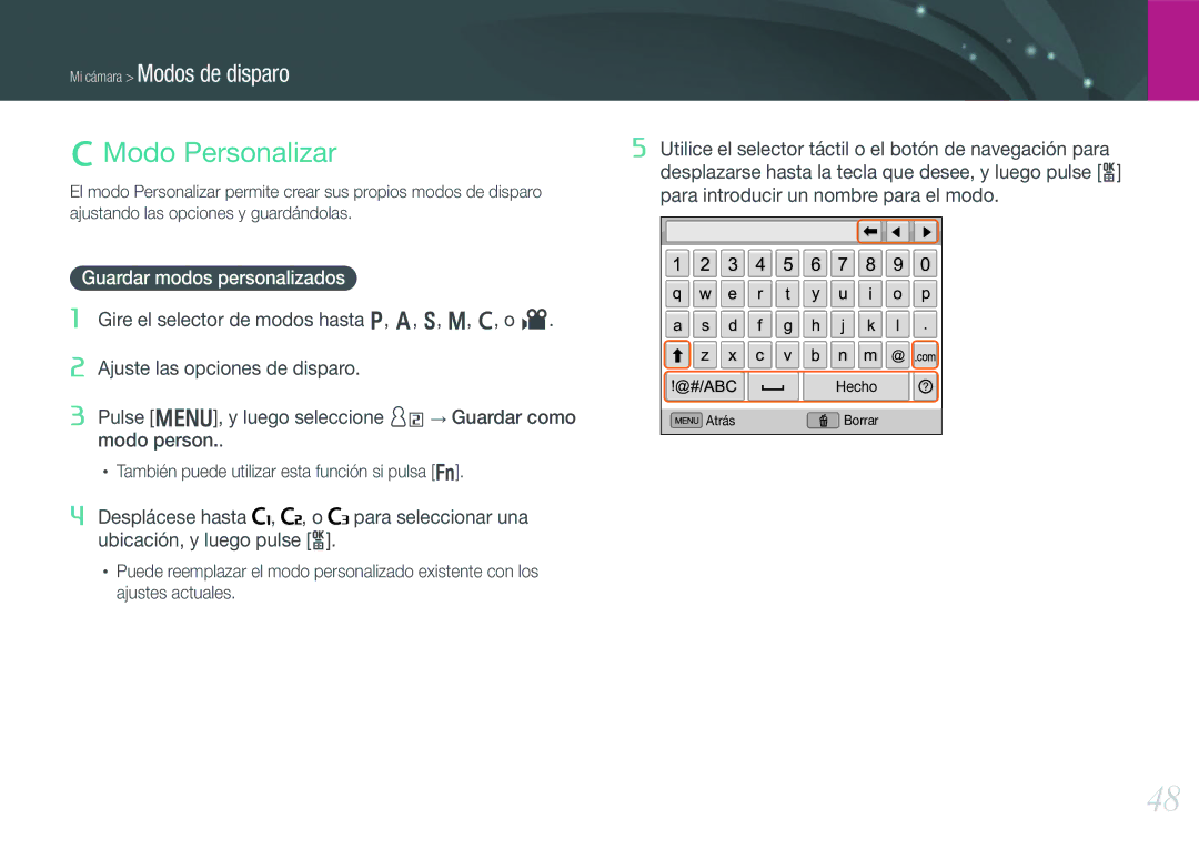 Samsung EV-NX20ZZBSBES, EV-NX20ZZBSBIL manual Modo Personalizar, Guardar modos personalizados 