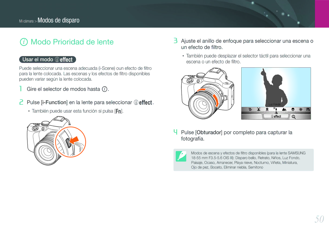 Samsung EV-NX20ZZBSBES, EV-NX20ZZBSBIL manual Modo Prioridad de lente, Usar el modo E 