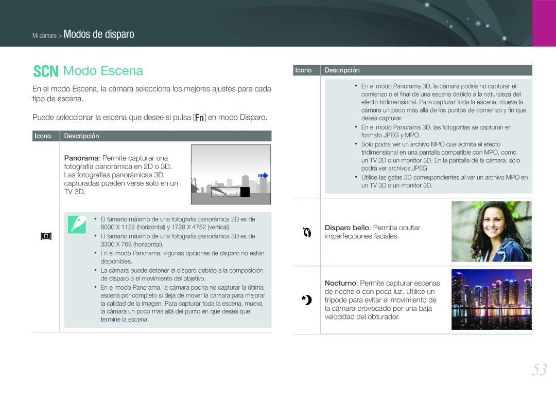 Samsung EV-NX20ZZBSBIL, EV-NX20ZZBSBES manual Modo Escena, Disparo bello Permite ocultar imperfecciones faciales 