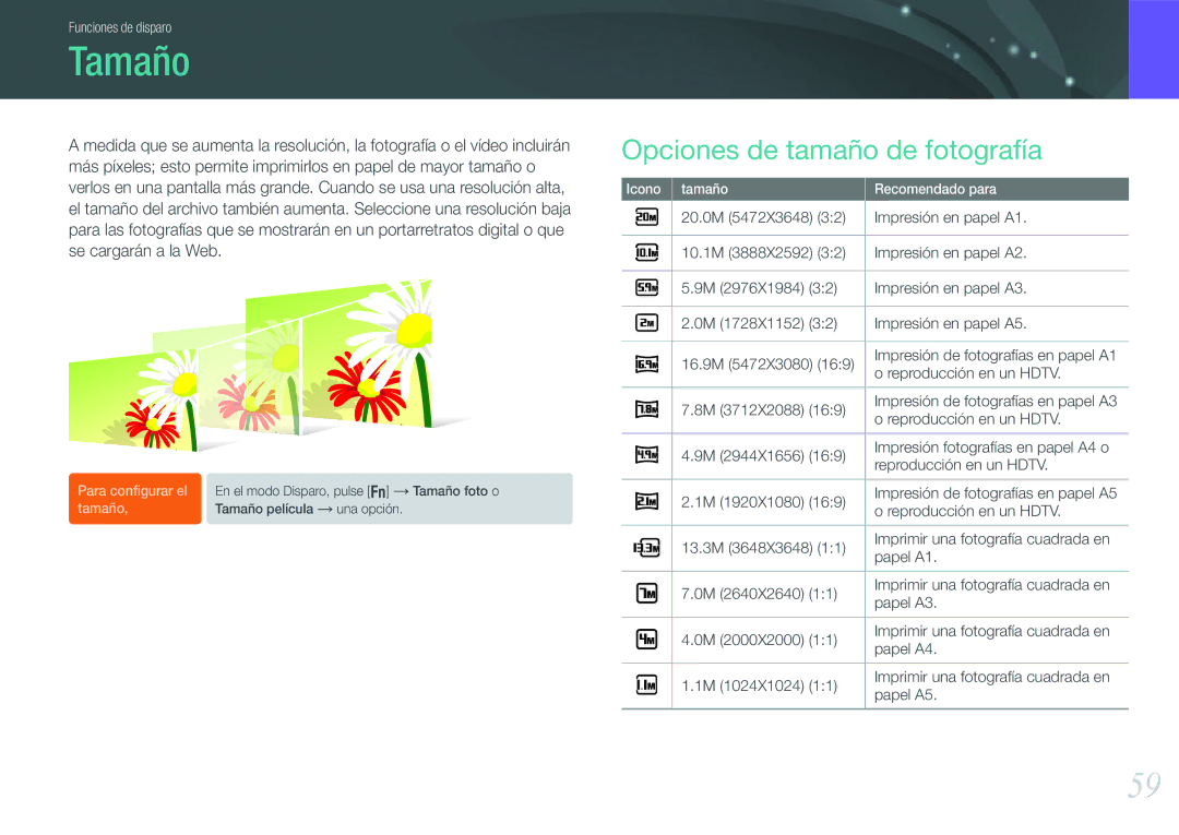 Samsung EV-NX20ZZBSBIL, EV-NX20ZZBSBES manual Tamaño, Opciones de tamaño de fotografía 
