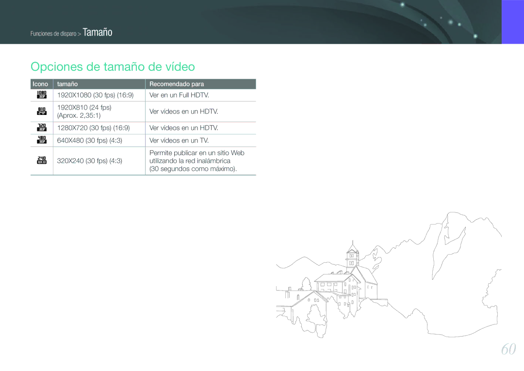 Samsung EV-NX20ZZBSBES, EV-NX20ZZBSBIL manual Opciones de tamaño de vídeo 
