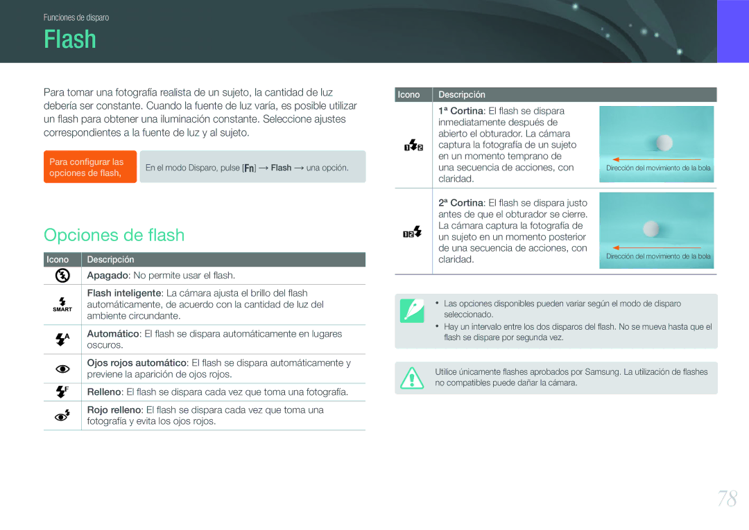 Samsung EV-NX20ZZBSBES, EV-NX20ZZBSBIL manual Flash, Opciones de ﬂash 
