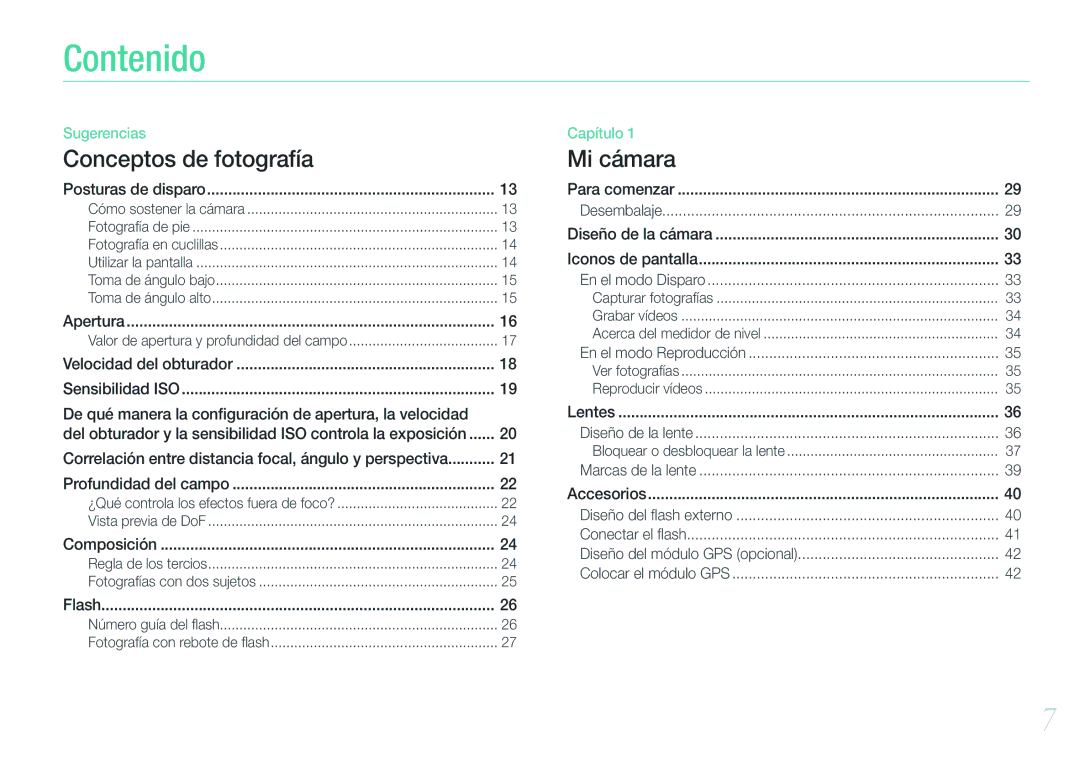 Samsung EV-NX20ZZBSBIL manual Contenido, Correlación entre distancia focal, ángulo y perspectiva, Posturas de disparo 