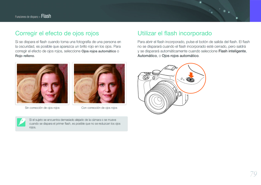 Samsung EV-NX20ZZBSBIL, EV-NX20ZZBSBES manual Corregir el efecto de ojos rojos, Utilizar el ﬂash incorporado 